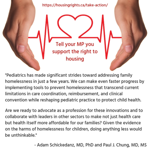 hands on either side of an EEG line with heart in the middle and quote about pediatrics advocacy in housing