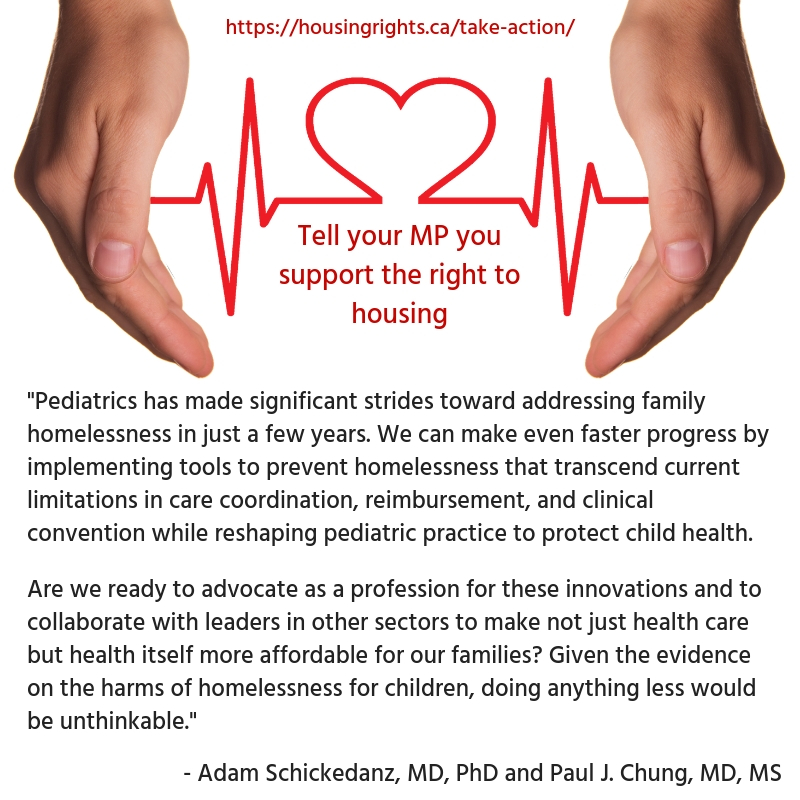hands on either side of an EEG line with heart in the middle and quote about pediatrics advocacy in housing